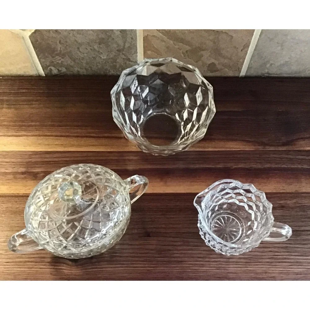 Vintage Clear Pressed Glass Creamer Sugar Bowl Extra‎ Bowl Set Trad Mid-Century